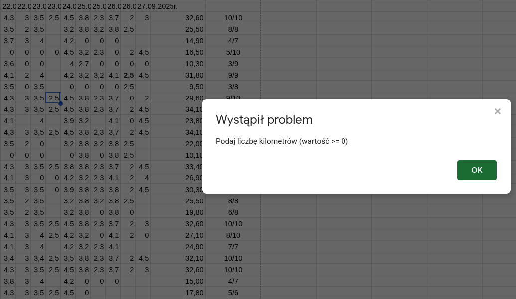 Komunikat walidacji danych w arkuszu Google Sheets