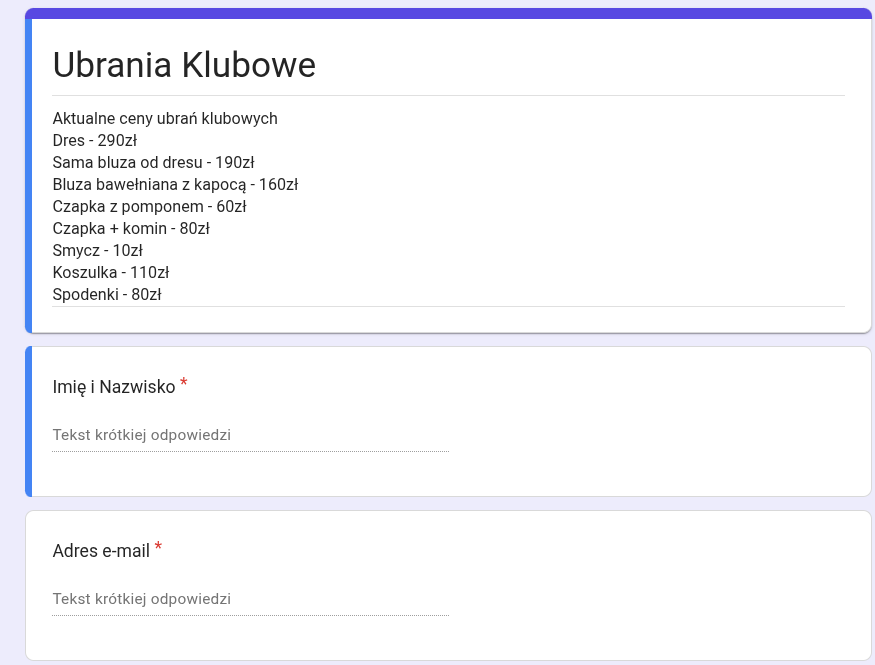 Formularz Google Forms wygenerowany przy pomocy FormKita
